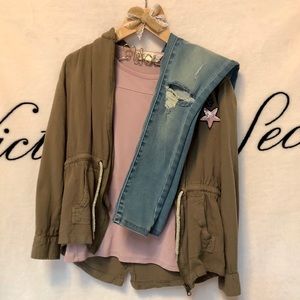 Army Green Jacket, Pink Long-sleeve & Ripped Jeans